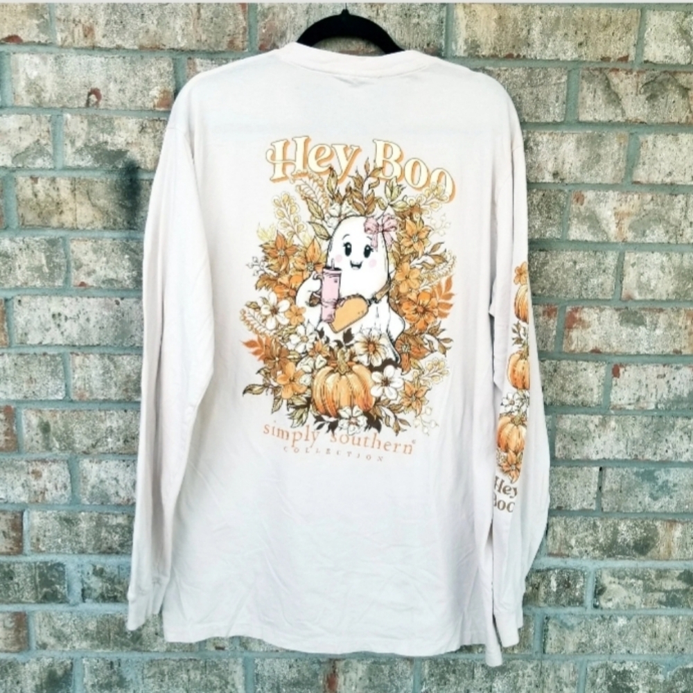 FALL TAN "Hey Boo" Long Sleeve TShirt (Size L) Ghost Halloween Funny Shirt - Picture 2 of 8